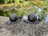 PAIR OF CAST IRON METAL SNAIL STATUE GARDEN ORNAMENTS
