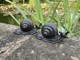 PAIR OF CAST IRON METAL SNAIL STATUE GARDEN ORNAMENTS