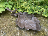 SMALL METAL CAST IRON BIRD ON ACORN LEAF BIRD BATH / FEEDER GARDEN ORNAMENT