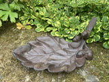 SMALL METAL CAST IRON BIRD ON ACORN LEAF BIRD BATH / FEEDER GARDEN ORNAMENT