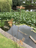 TALL RUSTY METAL TRIPLE BEE SPRAY GARDEN STAKE
