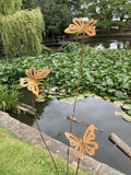 TALL RUSTY METAL TRIPLE BUTTERFLY GARDEN STAKE