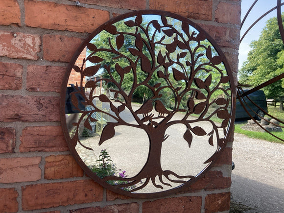 RUSTY METAL BIRDS IN TREE GARDEN MIRROR WALL DECOR