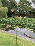 TALL RUSTY METAL TRIPLE BUTTERFLY GARDEN STAKE