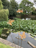 TALL RUSTY METAL TRIPLE BUTTERFLY GARDEN STAKE