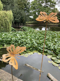 TALL RUSTY METAL TRIPLE BUTTERFLY GARDEN STAKE