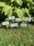 SET OF 6 PAINTED CAST IRON COMICAL PLANT SIGNS STAKES
