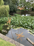 TALL RUSTY METAL TRIPLE DRAGONFLY SPRAY STAKE