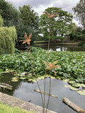 TALL RUSTY METAL TRIPLE DRAGONFLY SPRAY STAKE
