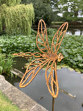 TALL RUSTY METAL TRIPLE DRAGONFLY SPRAY STAKE