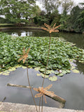 TALL RUSTY METAL TRIPLE DRAGONFLY SPRAY STAKE