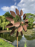 TALL METAL GARDEN RUSTY WIND SPINNER STAKE SCULPTURE ORNAMENT