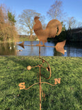 METAL GARDEN RUSTY COCKEREL WEATHERVANE WIND SPINNER STAKE ORNAMENT