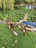 METAL GARDEN RUSTY AEROPLANE TRIPLE WIND SPINNER FLYING STAKE ORNAMENT