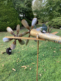 METAL GARDEN RUSTY AEROPLANE TRIPLE WIND SPINNER FLYING STAKE ORNAMENT