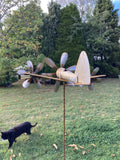 METAL GARDEN RUSTY AEROPLANE TRIPLE WIND SPINNER FLYING STAKE ORNAMENT