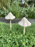 PAIR OF SMALL METAL CAST IRON TOADSTOOLS MUSHROOM STAKE GARDEN ORNAMENTS.