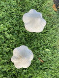 PAIR OF SMALL METAL CAST IRON TOADSTOOLS MUSHROOM STAKE GARDEN ORNAMENTS.