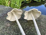 PAIR OF SMALL METAL CAST IRON TOADSTOOLS MUSHROOM STAKE GARDEN ORNAMENTS.