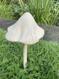 PAIR OF SMALL METAL CAST IRON TOADSTOOLS MUSHROOM STAKE GARDEN ORNAMENTS.