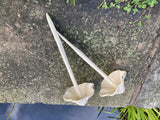 PAIR OF SMALL METAL CAST IRON TOADSTOOLS MUSHROOM STAKE GARDEN ORNAMENTS.