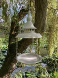 RUSTY METAL HANGING WHITE BIRD FEEDER GARDEN ORNAMENT