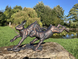 METAL CAST ALUMINIUM RUNNING RABBITS / HARES STATUE GARDEN ORNAMENT