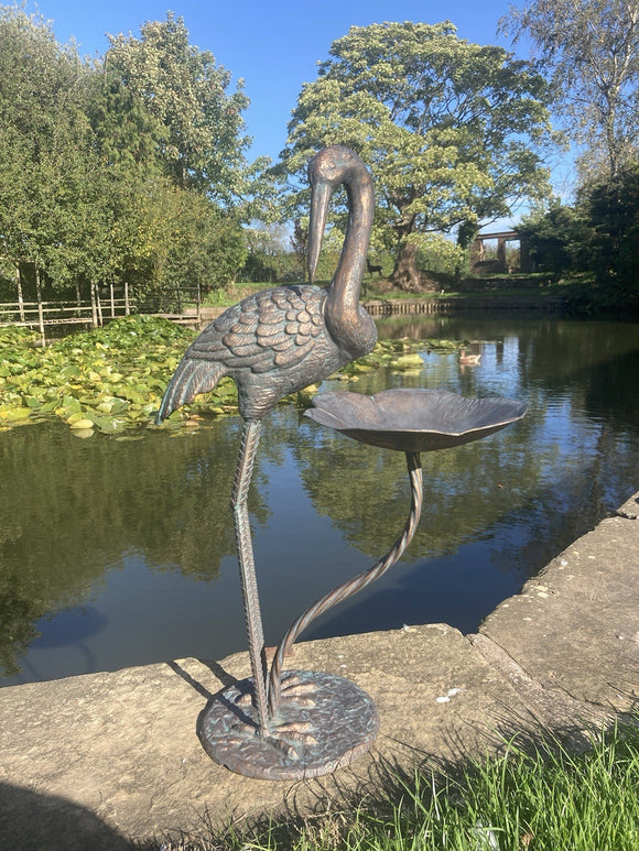 METAL CAST ALUMINIUM CRANE BIRD BATH / FEEDER STATUE GARDEN ORNAMENT