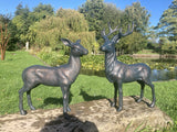 PAIR OF METAL CAST ALUMINIUM DEER STATUES GARDEN ORNAMENTS