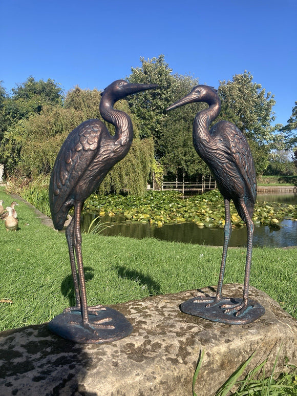 PAIR OF METAL CAST ALUMINIUM CRANE   STATUES GARDEN ORNAMENTS