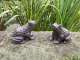 PAIR OF SMALL CAST IRON METAL FROG STATUE GARDEN ORNAMENTS
