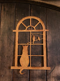 RUSTY METAL CAT IN WINDOW WALL PLAQUE HANGING GARDEN ORNAMENT