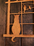 RUSTY METAL CAT IN WINDOW WALL PLAQUE HANGING GARDEN ORNAMENT