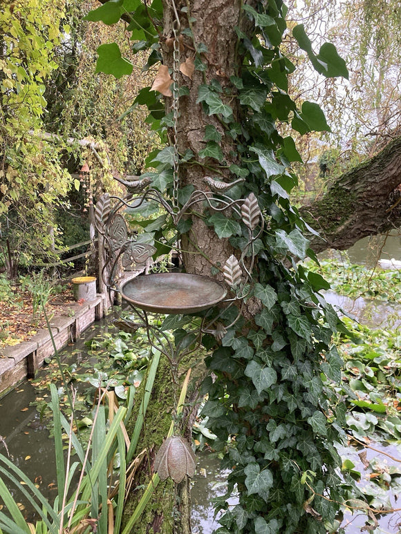 METAL HANGING GREEN BIRD FEEDER BELL GARDEN ORNAMENT