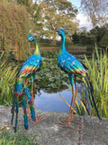 PAIR OF COLOURED METAL PEACOCKS BIRD STATUE GARDEN ORNAMENTS
