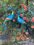 PAIR OF COLOURED METAL PEACOCKS BIRD STATUE GARDEN ORNAMENTS