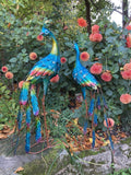 PAIR OF COLOURED METAL PEACOCKS BIRD STATUE GARDEN ORNAMENTS