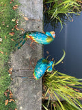 PAIR OF COLOURED METAL PEACOCKS BIRD STATUE GARDEN ORNAMENTS