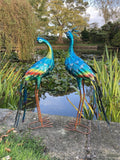 PAIR OF COLOURED METAL PEACOCKS BIRD STATUE GARDEN ORNAMENTS