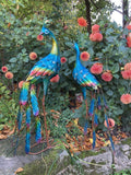 PAIR OF COLOURED METAL PEACOCKS BIRD STATUE GARDEN ORNAMENTS