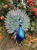 COLOURED METAL PEACOCK BIRD STATUE GARDEN ORNAMENT