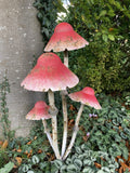 LARGE RUSTIC RED METAL TOADSTOOL / MUSHROOM CLUSTER STAKE GARDEN ORNAMENT