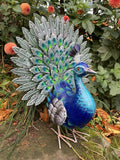 COLOURED METAL PEACOCK BIRD STATUE GARDEN ORNAMENT
