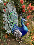 COLOURED METAL PEACOCK BIRD STATUE GARDEN ORNAMENT