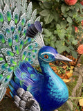 COLOURED METAL PEACOCK BIRD STATUE GARDEN ORNAMENT