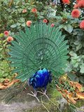COLOURED METAL PEACOCK BIRD STATUE GARDEN ORNAMENT