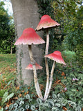 LARGE RUSTIC RED METAL TOADSTOOL / MUSHROOM CLUSTER STAKE GARDEN ORNAMENT