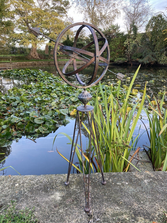 LARGE COLOURED METAL ARMILLARY STYLE SUNDIAL WEATHERVANE GARDEN ORNAMENT