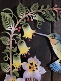 COLOURED METAL HUMMINGBIRD / FLOWERS WALL PLAQUE HANGING GARDEN ORNAMENT