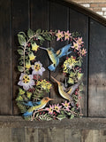 COLOURED METAL HUMMINGBIRD / FLOWERS WALL PLAQUE HANGING GARDEN ORNAMENT